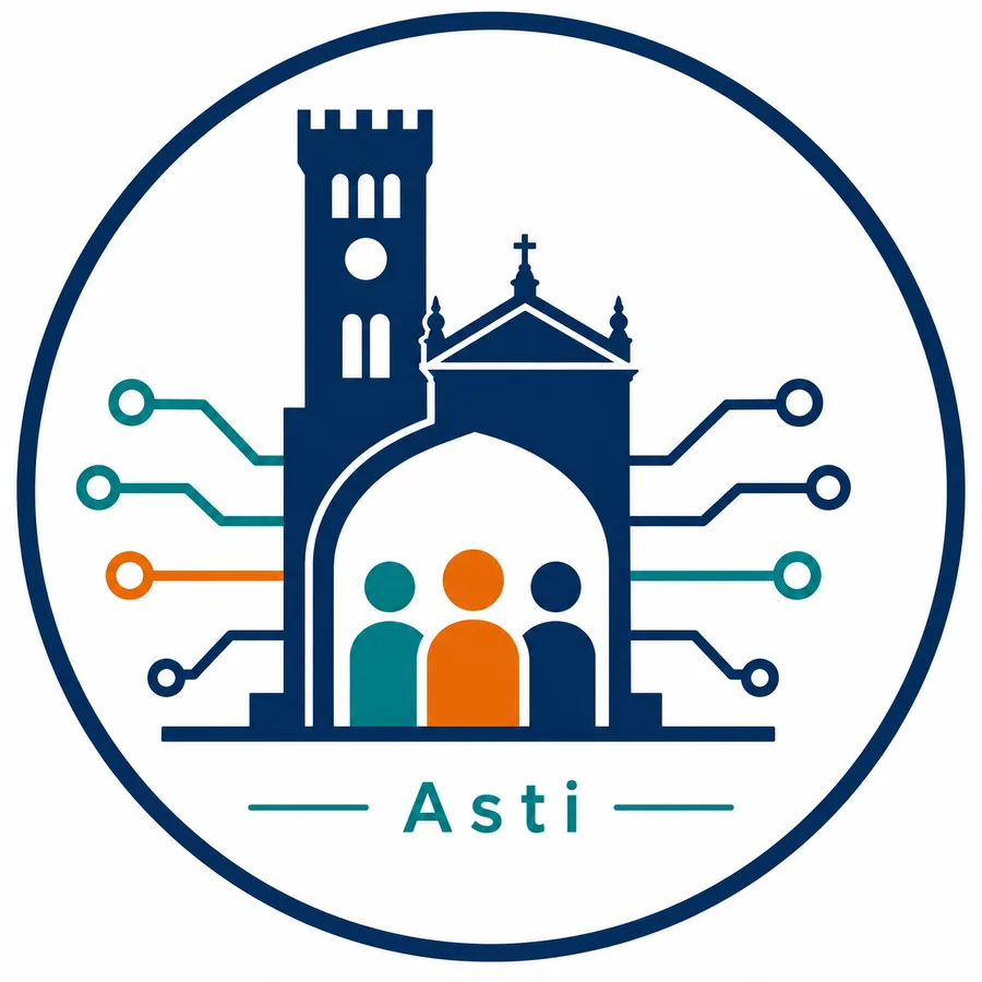 Simbolo di Cantiere Digitale Civico Asti: architettura astigiana, persone e circuiti digitali